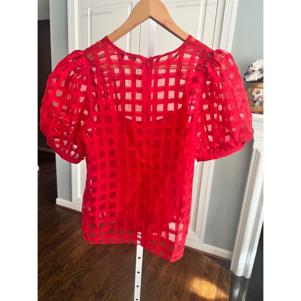 Red Puff Sleeve Grid-Pattern Top - Picture 9 of 11